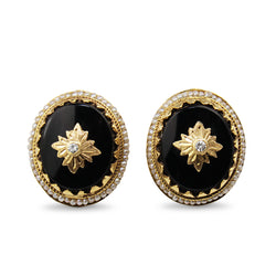 14ct Yellow Gold Antique Onyx, Diamond and Pearl Stud Earrings