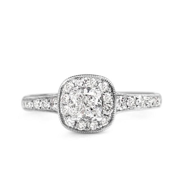 18ct White Gold Cushion Diamond Halo Ring