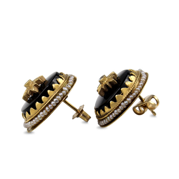 14ct Yellow Gold Antique Onyx, Diamond and Pearl Stud Earrings