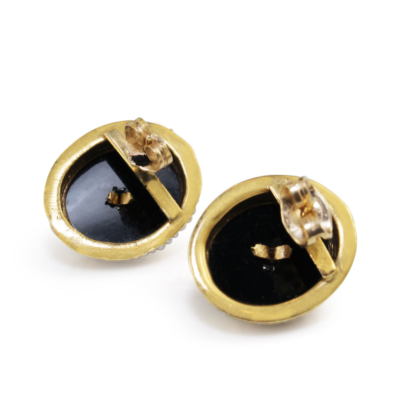 14ct Yellow Gold Antique Onyx, Diamond and Pearl Stud Earrings