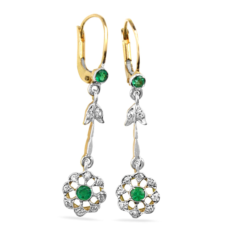 18ct Yellow and White Gold Antique Emerald and Old Cut Diamond Daisy Earrings