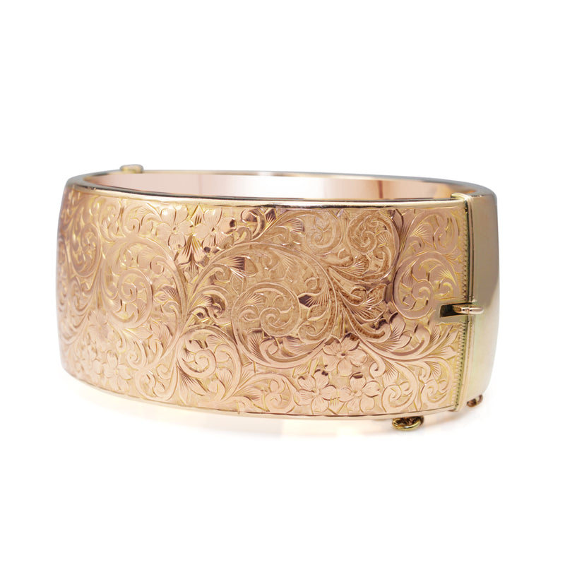 9ct Rose Gold Antique Hinged Etched Bangle Circa 1863