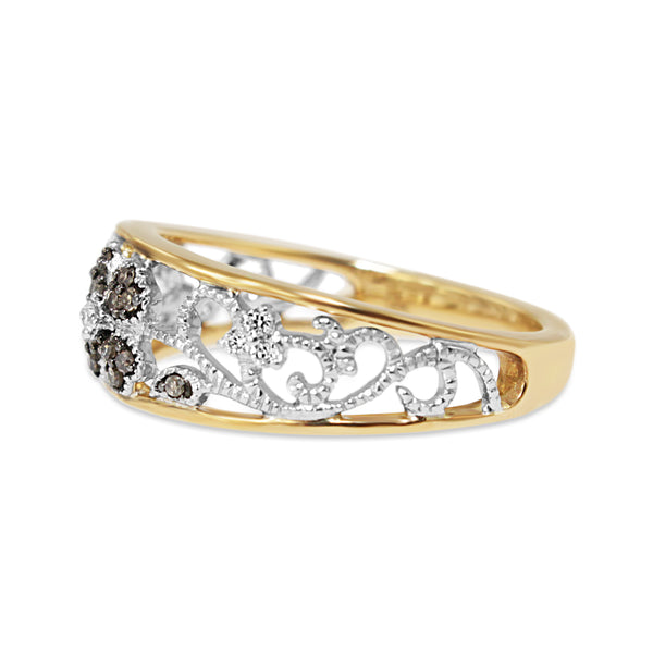 9ct Yellow and White Gold Champagne and White Diamond Floral Band Ring