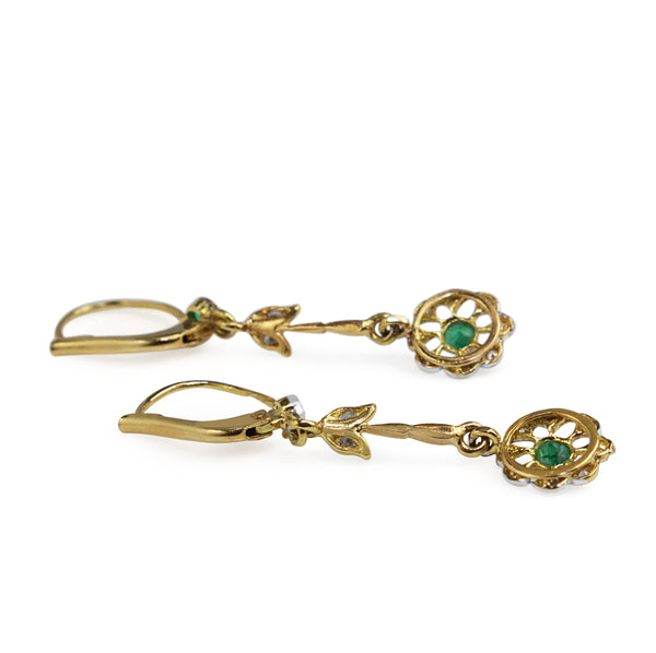 18ct Yellow and White Gold Antique Emerald and Old Cut Diamond Daisy Earrings