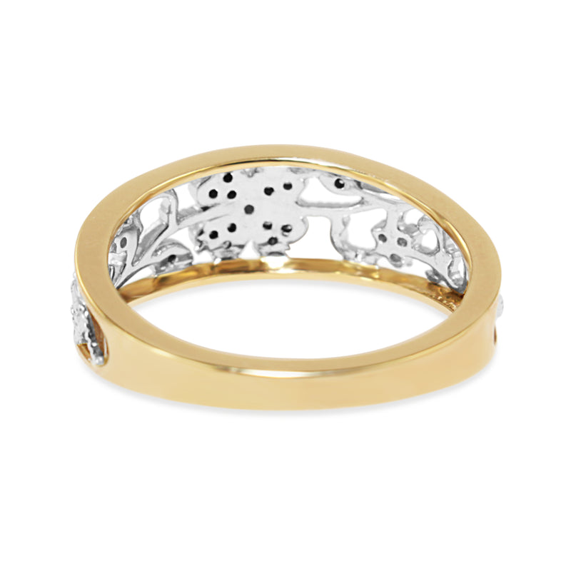 9ct Yellow and White Gold Champagne and White Diamond Floral Band Ring