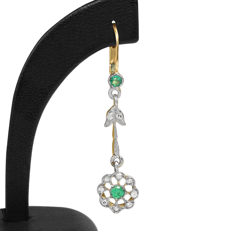 18ct Yellow and White Gold Antique Emerald and Old Cut Diamond Daisy Earrings