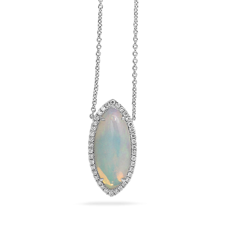 14ct White Gold Marquise Opal Diamond Halo Necklace