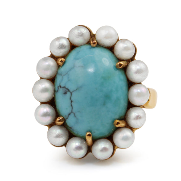 9ct Yellow Gold Turquoise and Pearl Ring