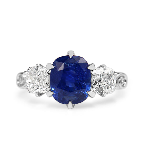 18ct White Gold Victorian Style Sapphire and Cushion Diamond 3 Stone Ring