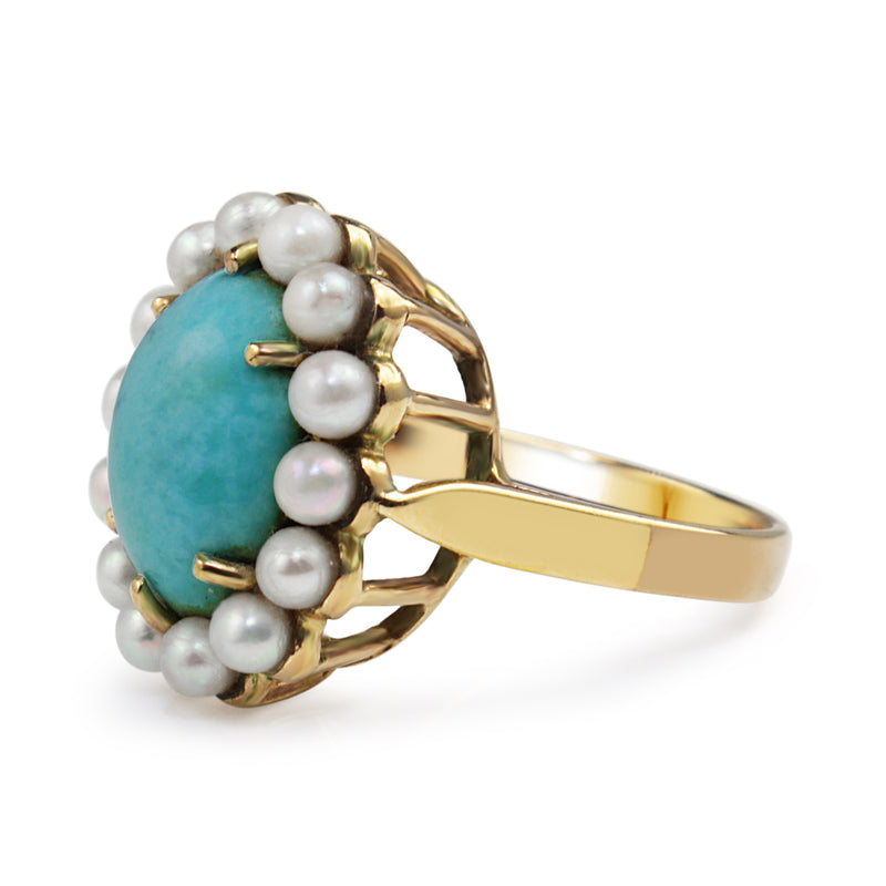 9ct Yellow Gold Turquoise and Pearl Ring