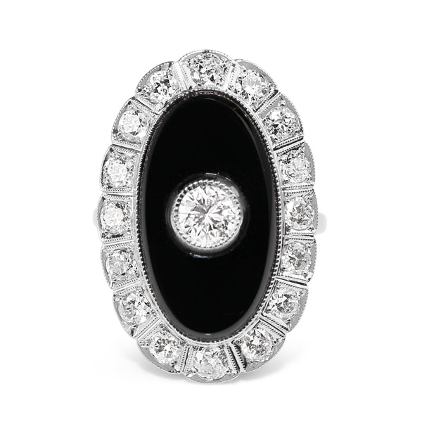 Platinum Art Deco Onyx and Diamond Daisy Ring