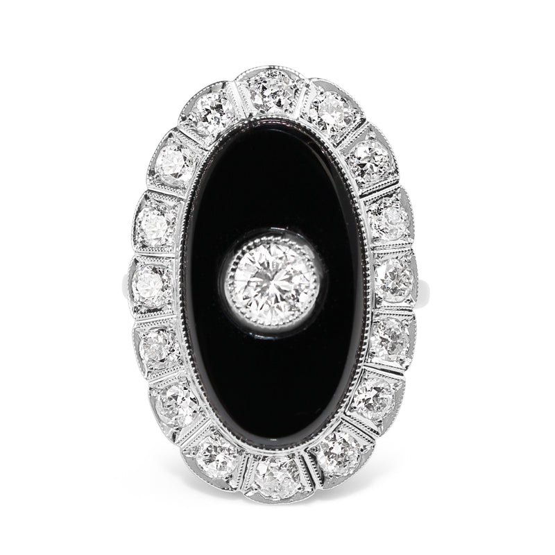 Platinum Art Deco Onyx and Diamond Daisy Ring