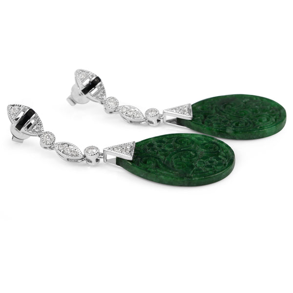 18ct White Gold Onyx, Jade and Diamond Earrings