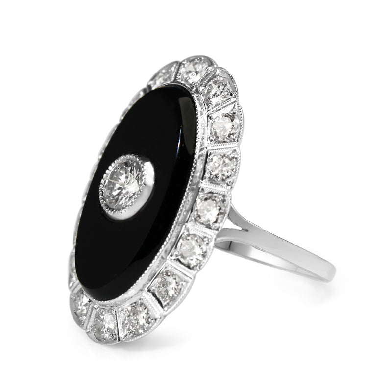 Platinum Art Deco Onyx and Diamond Daisy Ring