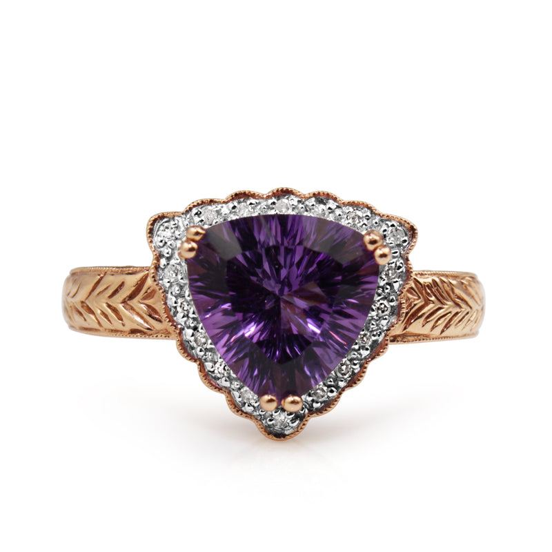14ct Rose and White Gold Trillion Amethyst and Diamond Halo Ring with Etched Band
