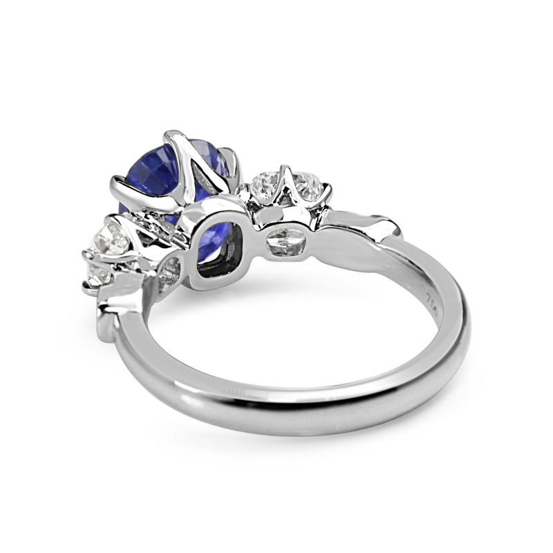 18ct White Gold Victorian Style Sapphire and Cushion Diamond 3 Stone Ring