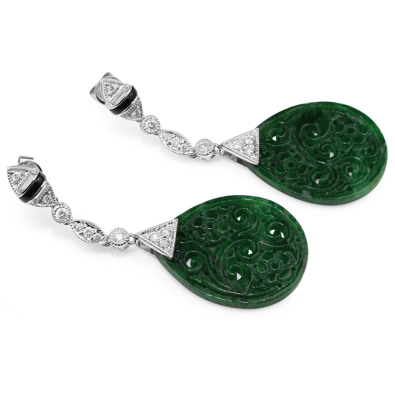 18ct White Gold Onyx, Jade and Diamond Earrings