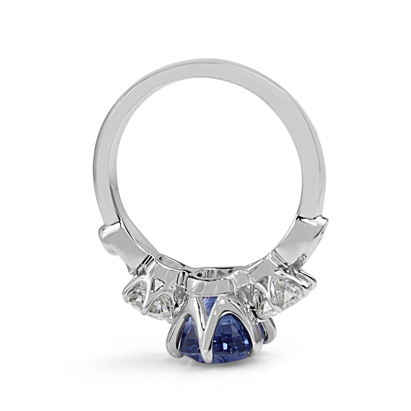 18ct White Gold Victorian Style Sapphire and Cushion Diamond 3 Stone Ring