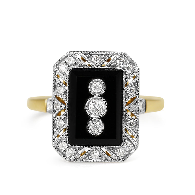 18ct Yellow and White Gold Onyx and Diamond Deco Style Ring