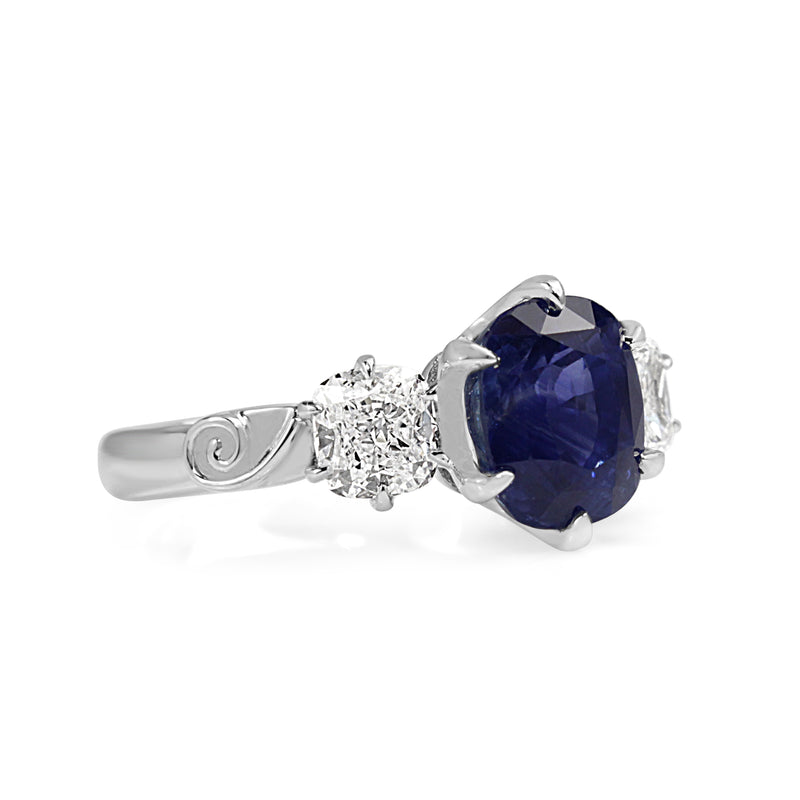 18ct White Gold Victorian Style Sapphire and Cushion Diamond 3 Stone Ring