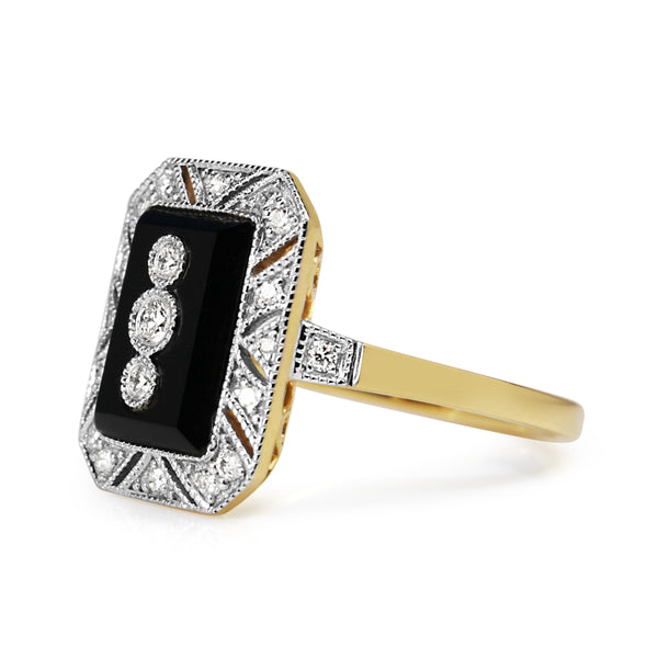 18ct Yellow and White Gold Onyx and Diamond Deco Style Ring