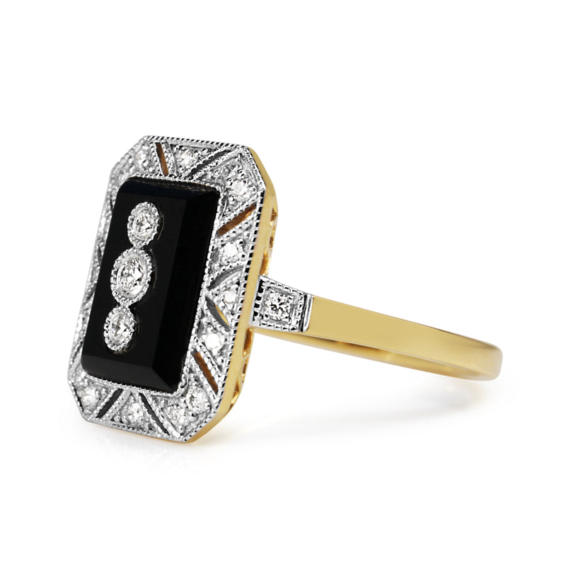 18ct Yellow and White Gold Onyx and Diamond Deco Style Ring