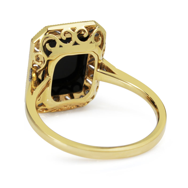 18ct Yellow and White Gold Onyx and Diamond Deco Style Ring
