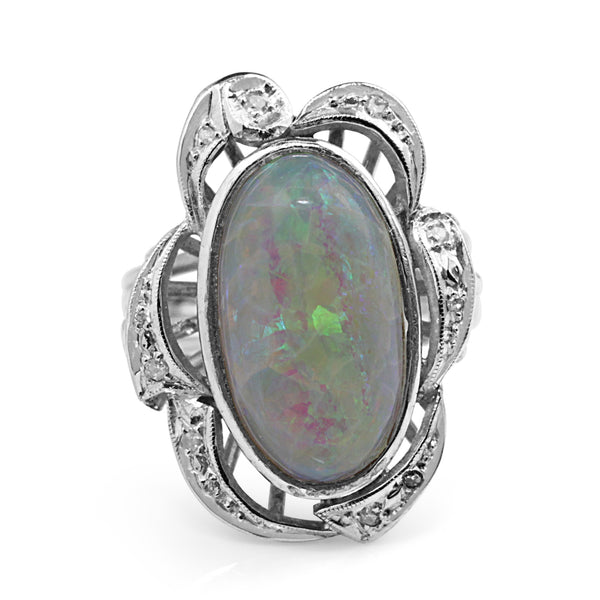 Palladium Opal and Single Cut Diamond Ring