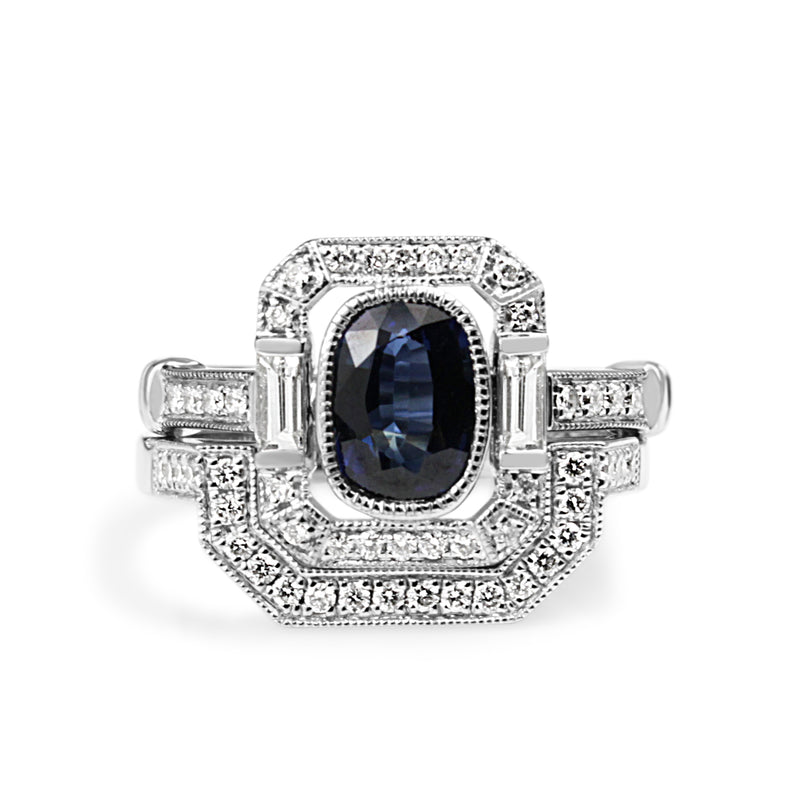 18ct White Gold Sapphire and Diamond Deco Style Ring