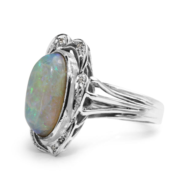 Palladium Opal and Single Cut Diamond Ring