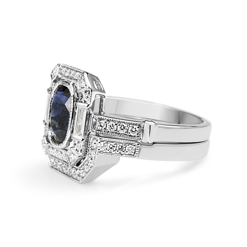 18ct White Gold Sapphire and Diamond Deco Style Ring