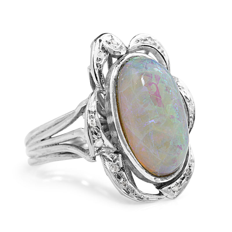 Palladium Opal and Single Cut Diamond Ring