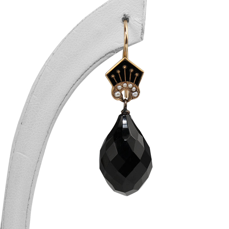 14ct Antique Onyx, Enamel and Pearl Drop Earrings