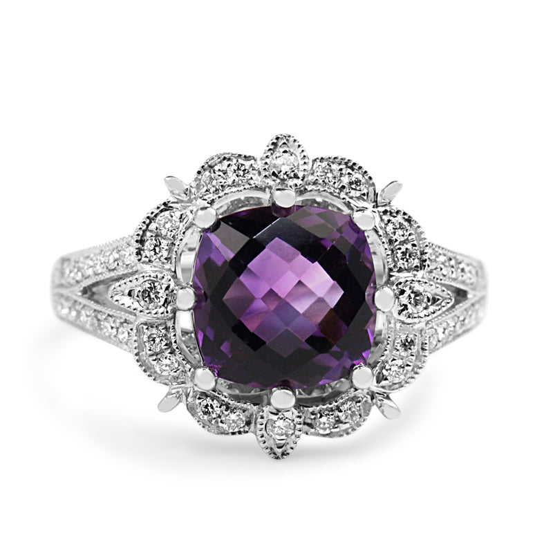 9ct White Gold Amethyst and Diamond Vintage Style Halo Ring