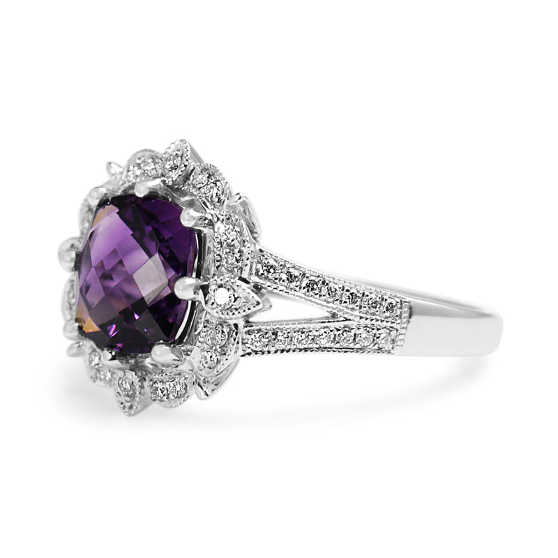 9ct White Gold Amethyst and Diamond Vintage Style Halo Ring