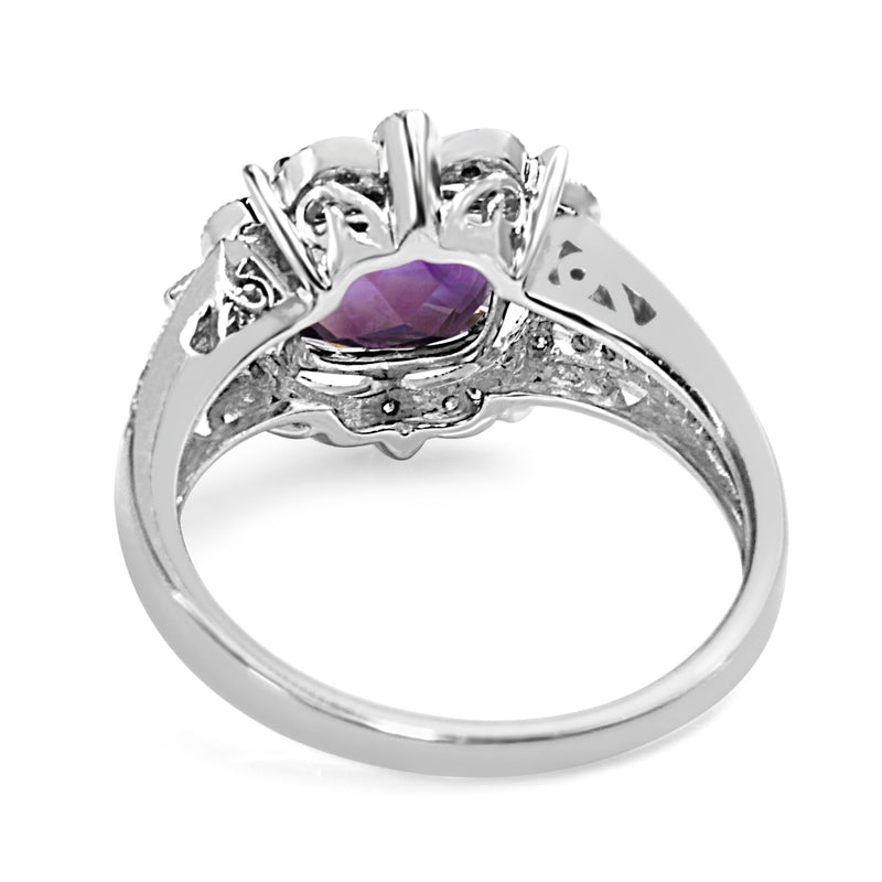 9ct White Gold Amethyst and Diamond Vintage Style Halo Ring