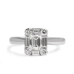 18ct White Gold Emerald Cut Diamond Halo Ring
