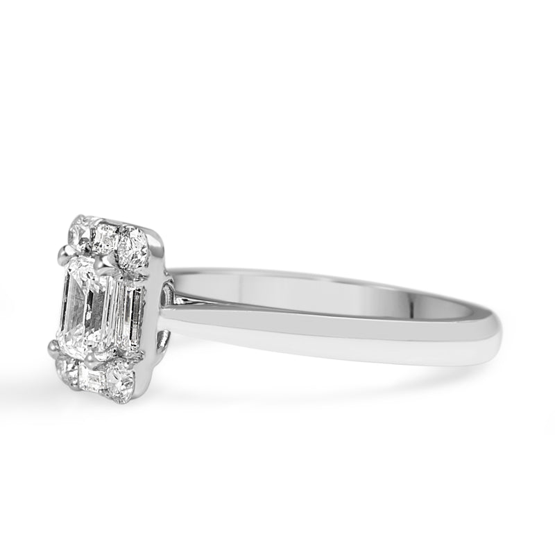 18ct White Gold Emerald Cut Diamond Halo Ring