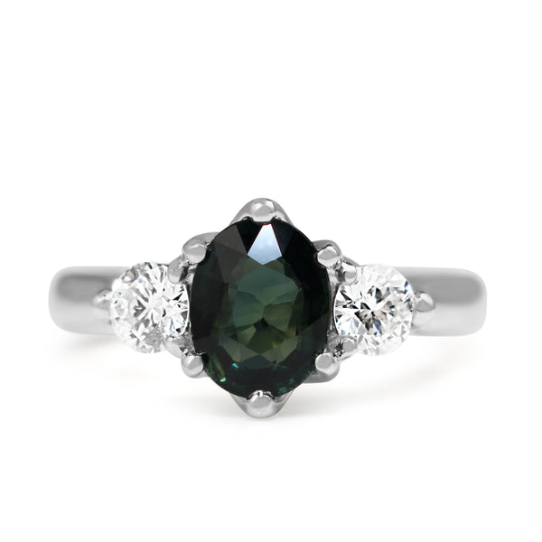 18ct White Gold Teal Sapphire and Diamond 3 Stone Ring