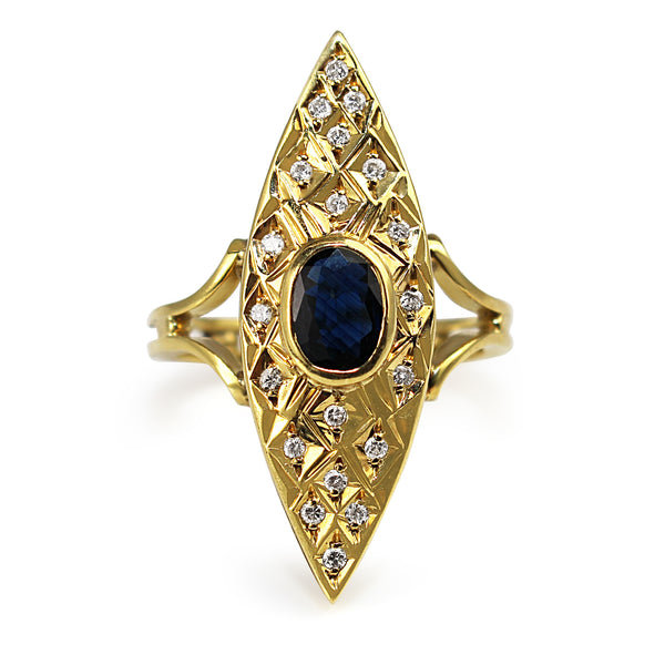18ct Yellow Gold Sapphire and Diamond Navette Shaped Ring