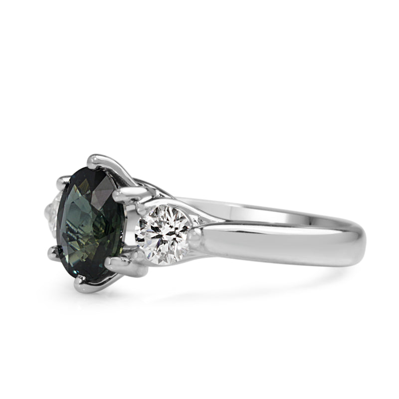18ct White Gold Teal Sapphire and Diamond 3 Stone Ring