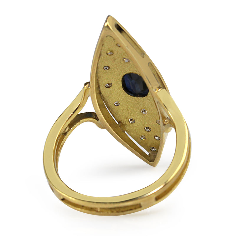 18ct Yellow Gold Sapphire and Diamond Navette Shaped Ring