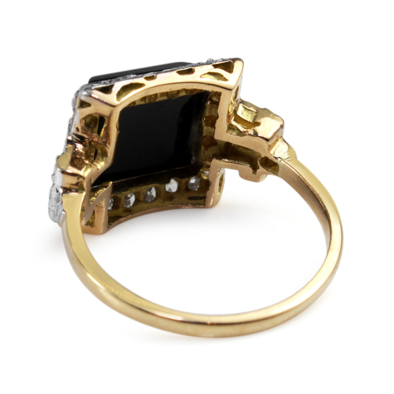 18ct Yellow Gold and Platinum Antique Onyx and Rose Cut Diamond Ring