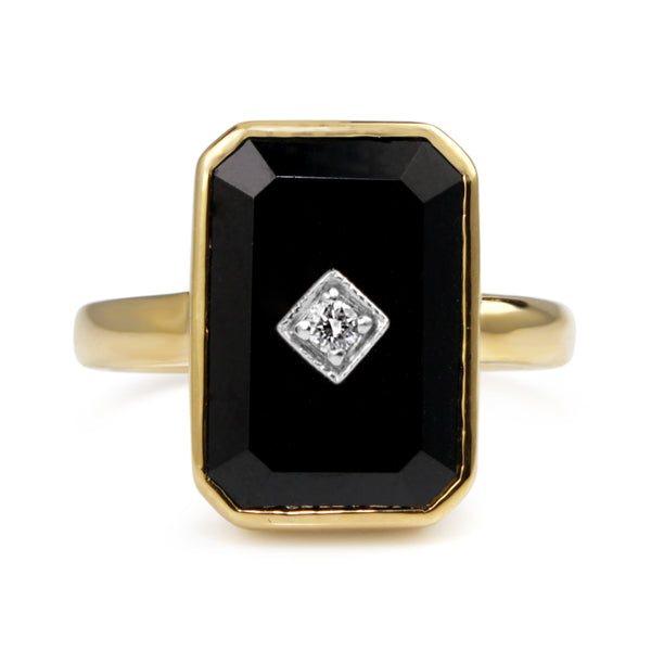 9ct Yellow Gold Large Rectangle Onyx and Diamond Ring