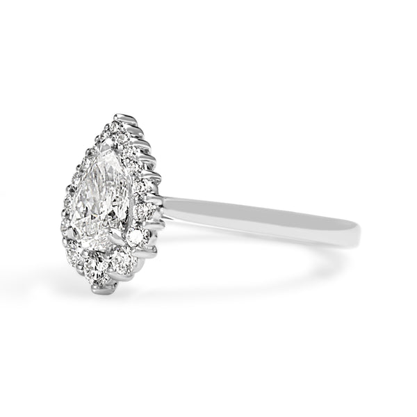 18ct White Gold Graduated Pear Diamond Halo Ring