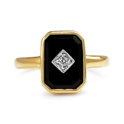 9ct Yellow Gold Onyx and Diamond Rectangle Ring