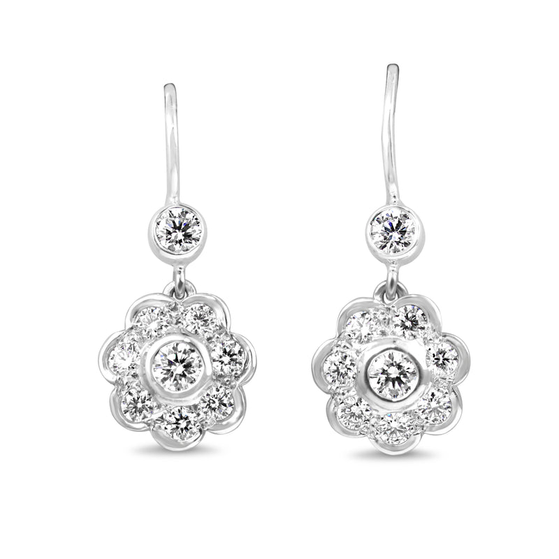 18ct White Gold Daisy Flower Diamond Drop Earrings