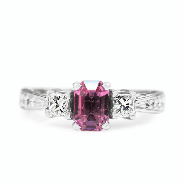 14ct White Gold Pink Sapphire and Diamond 3 Stone Ring