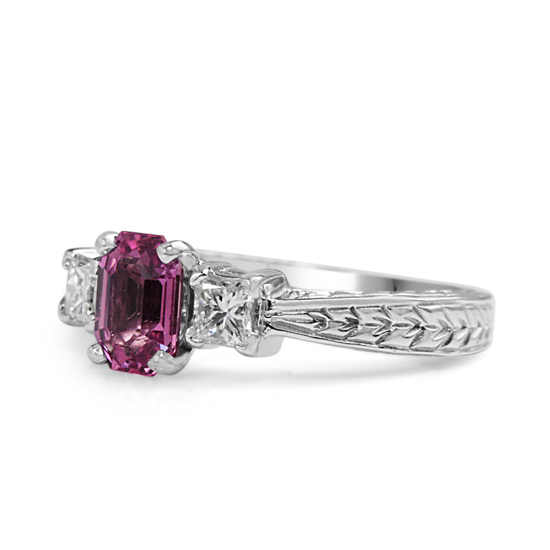 14ct White Gold Pink Sapphire and Diamond 3 Stone Ring