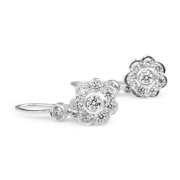 18ct White Gold Daisy Flower Diamond Drop Earrings